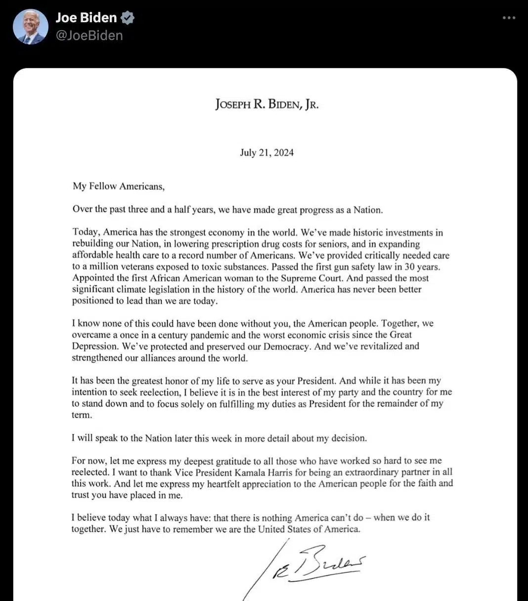 Joe Biden pulls out from 2024 U.S. Presidential race